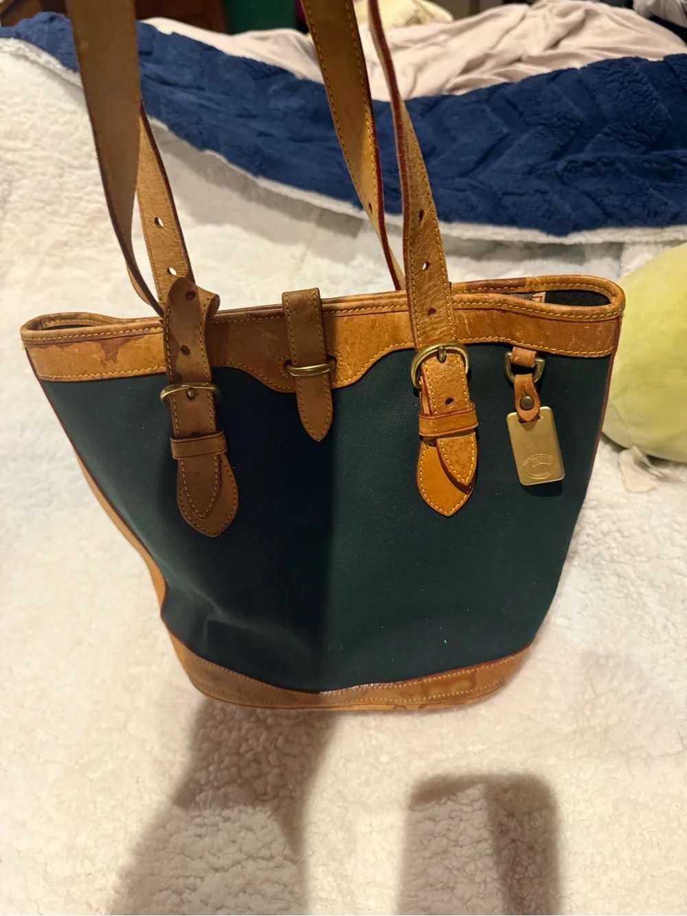 Dooney & Bourke Dark Green Canvas Tote with Tan Leather Trim